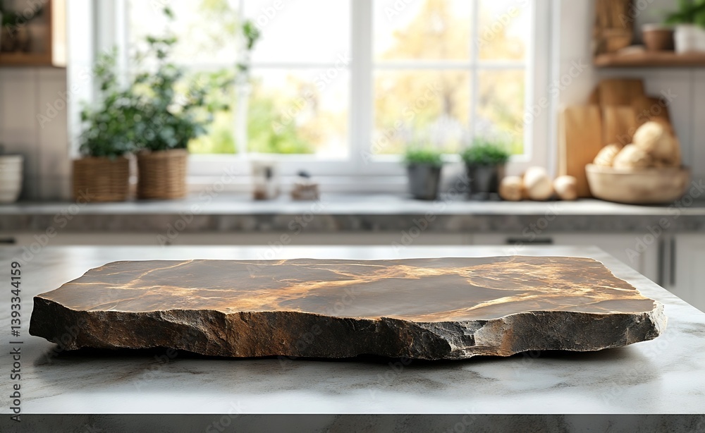Poster Rustic Stone Slab Display on Kitchen Countertop with Soft Focus Window Background Ideal for Product Mockups and Presentations : Generative AI