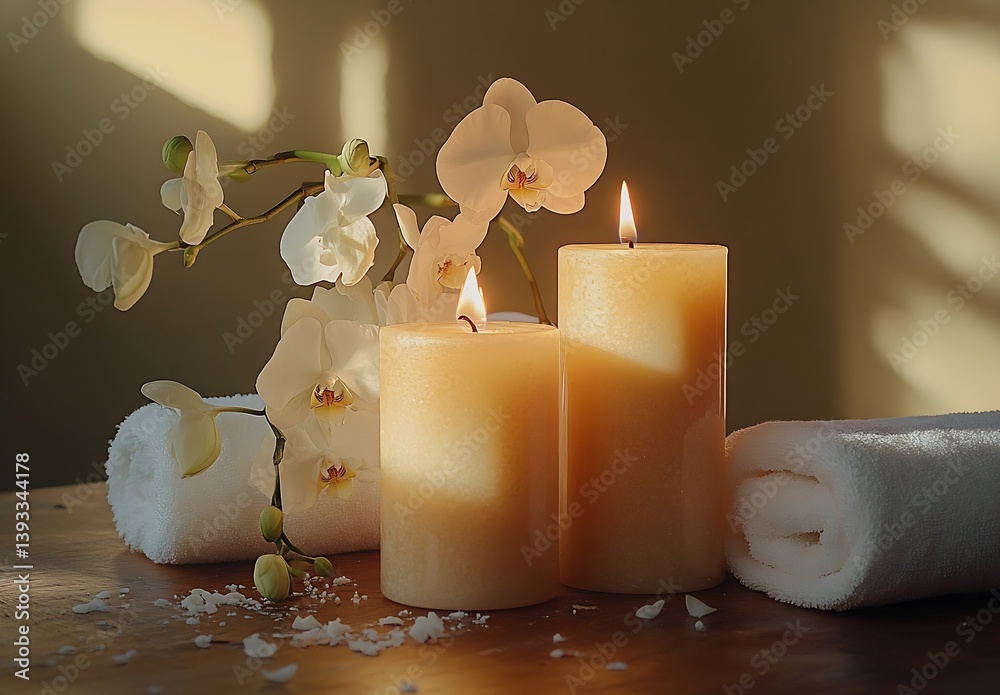 Poster tranquil spa scene with candles orchids and towels for relaxation and wellness focus on serenity and