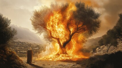 In this evocative scene drawn from the Book of Exodus, a lone figure—Moses—stands in awe before a miraculous sight: a bush engulfed in brilliant flames, yet mysteriously unconsumed by the fire. 
