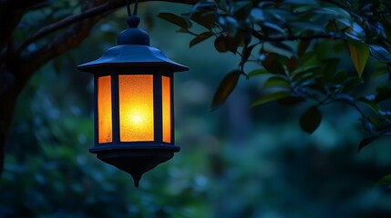 A glowing lantern hanging in a dark and lush green forest