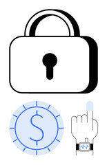 Padlock symbolizing security, fingerprint scan for authentication, and coin graphic for digital transactions. Ideal for cybersecurity, privacy, biometrics, finance, innovation, online safety flat