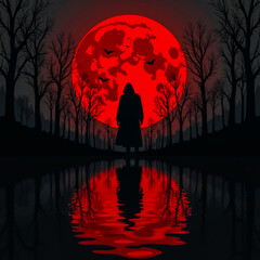 Naklejka premium Mysterious hooded figure under a blood red moon in a dark forest reflected in still water