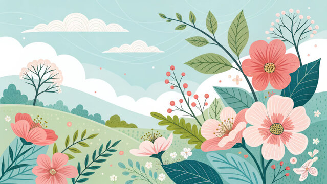 A vibrant spring meadow bursts with blossoming flowers, showcasing a cheerful landscape of rolling hills under a soft blue sky, detailed with delicate floral illustrations.