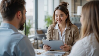 Professional Consultation Between Businesswoman and Clients in a Modern Office Setting