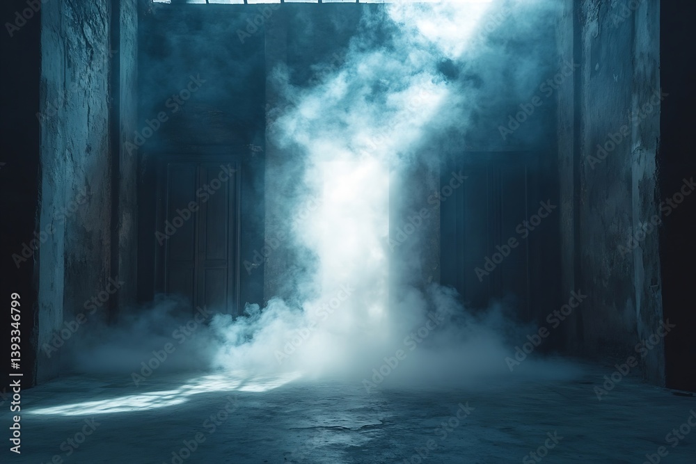 Poster mysterious dark room filled with smoke or fog creating a dramatic and atmospheric background scene :