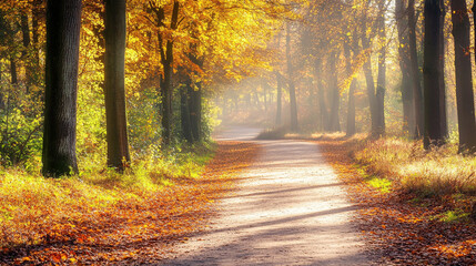 Obraz premium Serene autumn pathway through a vibrant forest with golden leaves, inviting peaceful strolls
