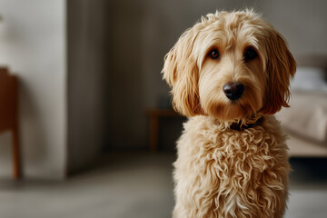A lifestyle photograph of a well-groomed poodle sitting calmly on a neutral-toned background, lit by soft natural light