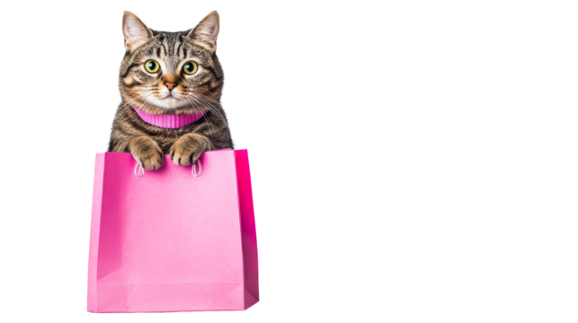 Tabby in pink shopping bag looks straight, cat, pet, shopper, cut out transparent