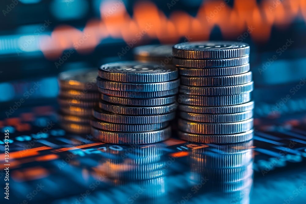 Leinwandbilder macro shot of stacked silver coins on a reflective surface with financial chart background represent