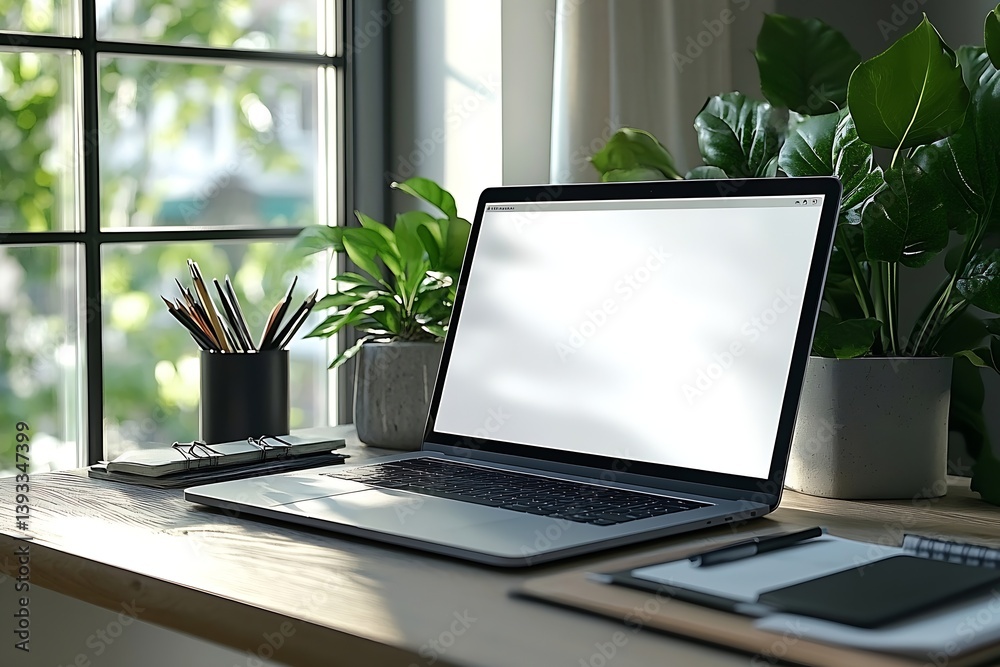 Poster laptop on wooden desk with plants and natural light home office setup productivity and comfortable w