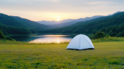 Tranquil campsite by a serene lake at sunset