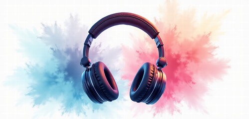 Stylish headphones on a colorful splash background, perfect for music, sound technology, and audio branding visuals.
