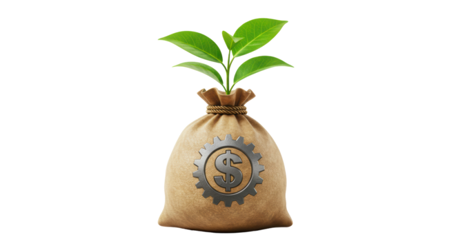 Isolated Sack with Plant and Gearwheel - Powered by Adobe