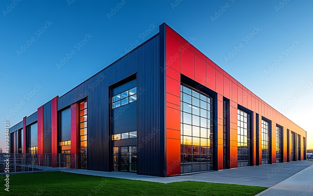 Poster Industrial Building Exterior with Red and Black Panels Modern Architecture and Design : Generative AI