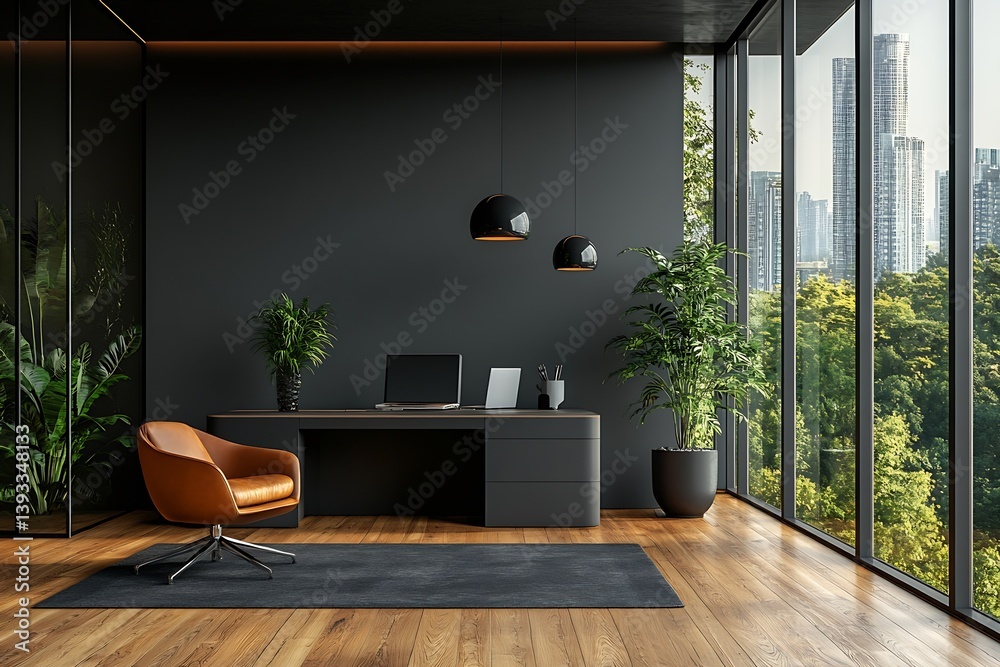 Poster modern office with city view and lush plants stylish interior design comfortable workspace executive