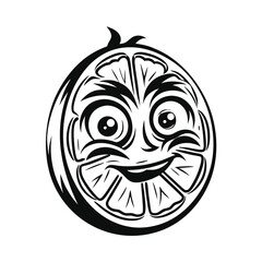 Cartoonish Cut Orange Fruit, Black & White, Happy Facial Expression, Citrus Delight