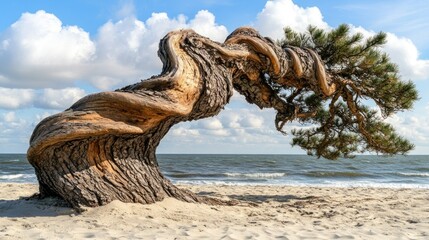 Twisted Pine Tree on Sandy Beach