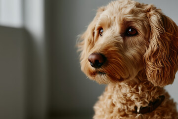 A lifestyle photograph of a well-groomed poodle sitting calmly on a neutral-toned background, lit by soft natural light