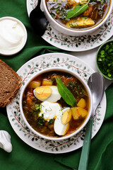 Traditional Ukrainian green borscht with sorrel.style rustic