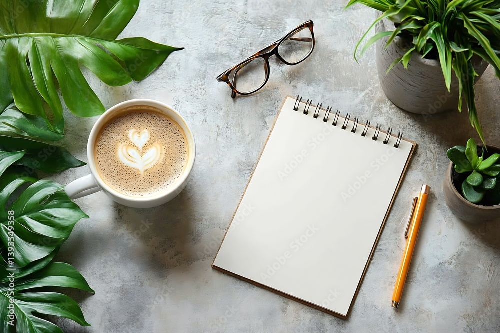 Poster Cozy Workspace Flat Lay with Coffee Notepad and Greenery for Creative Inspiration and Product Mockups : Generative AI