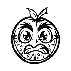 Angry Orange Fruit Illustration, Monochrome Icon with Intense Expression and Leaf Detail