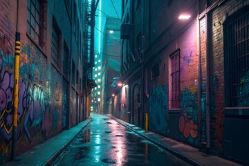 Naklejka premium Graffiti Alley with Neon Glow and Urban Decay