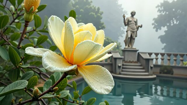 A close-up of a pale yellow magnolia flower adorned with soft dew, set against a mist-covered lake and a weathered statue of Hermes, evoking a mystical garden concept, 4k, motion