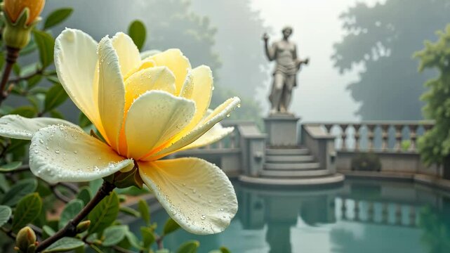 A close-up video of a pale yellow magnolia flower adorned with soft dew, set against a mist-covered lake and a  statue of Hermes. 4k, motion