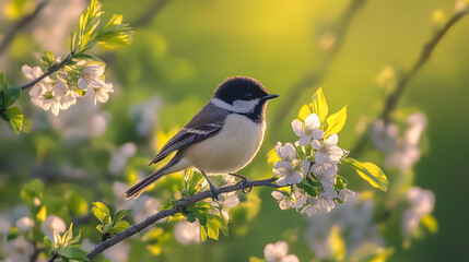 A small bird perches on a flowering branch, basking in the gentle sunlight. A beautiful and serene nature scene that celebrates the arrival of spring.