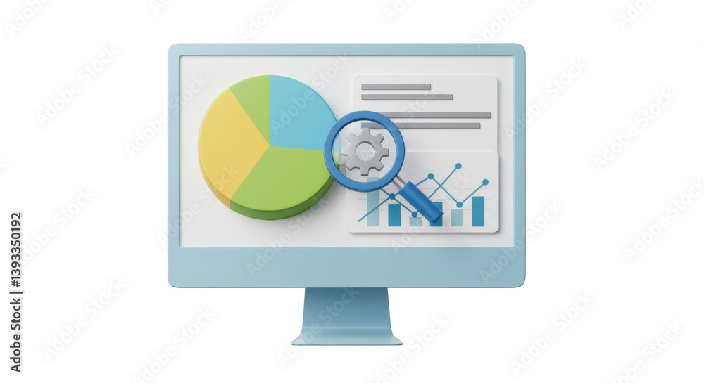 Poster isolated computer monitor with pie chart magnifying glass and documents