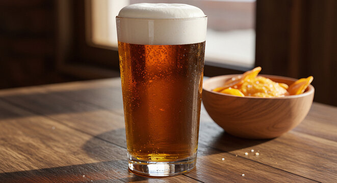 glass of beer on wooden table with crunchy chips
