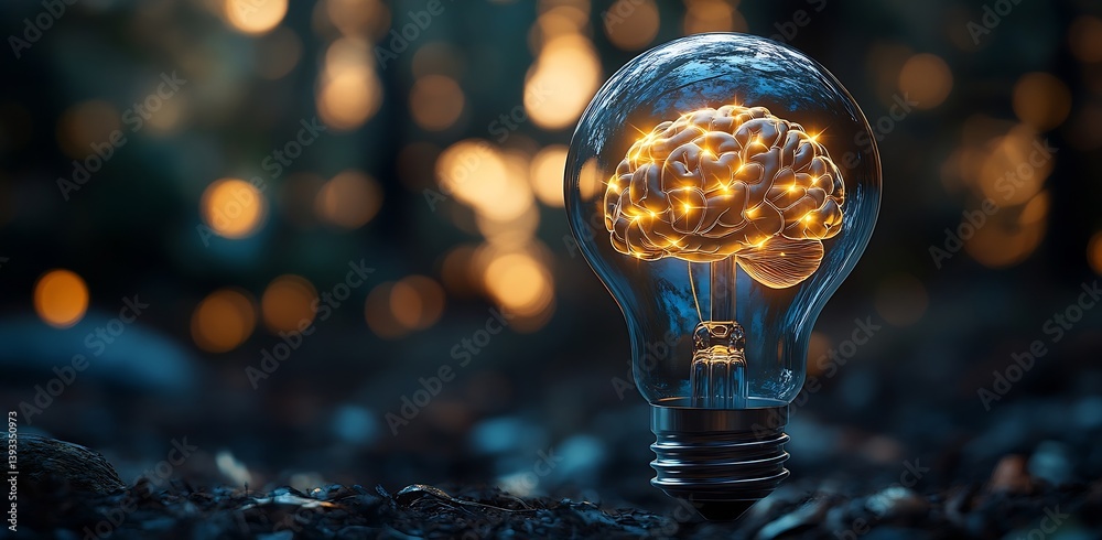 Aufkleber Glowing Brain Inside Light Bulb Symbolizing Innovation and Artificial Intelligence and Idea Generation and Creative Thinking Concept : Generative AI