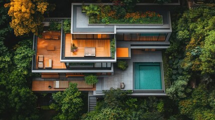 Modern house nestled in lush greenery with rooftop decks and a pool