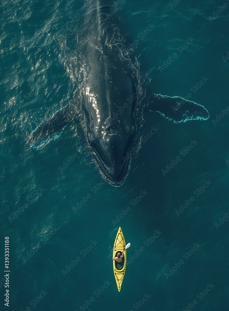 Aufkleber stunning overhead view of a kayaker paddling near a massive whale in deep blue waters : generative a