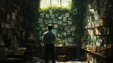 Man contemplates vintage photographs in a sunlit, botanical study