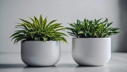 Fototapeta premium Flourishing plant in a white pot for modern interiors.