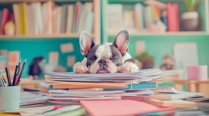 Concept: Pet resting. Dog naps atop stack of paper at desk with books, pencils, and folders