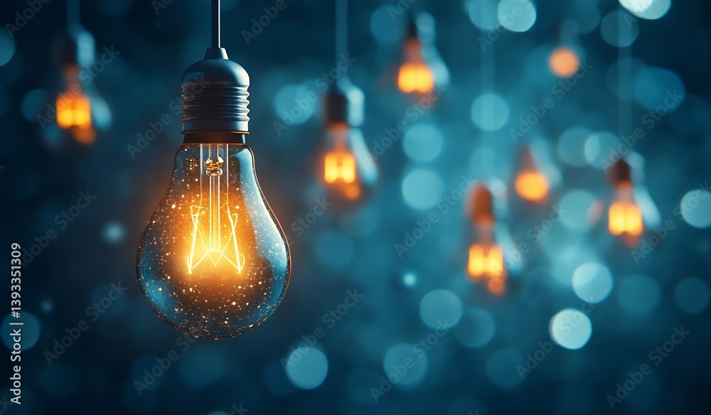 Poster glowing light bulbs hanging in darkness abstract conceptual image symbolizing ideas innovation and e