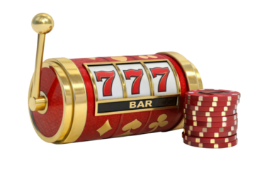 A slot machine with triple sevens and poker chips showcasing casino excitement and jackpot winnings on a transparent background