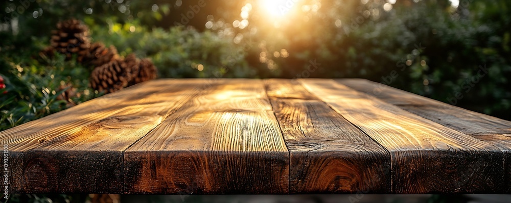 Leinwandbilder rustic wooden table surface with bokeh sunlight and evergreen background for product photography and