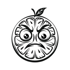 Monochrome Icon of Cartoonish Orange with Frowning Expression, Leaf Detail and White Back