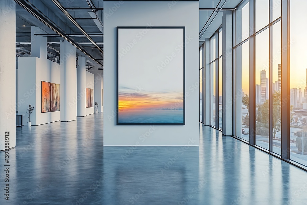 Poster modern art gallery with sunset painting and city view showcase of contemporary artwork and design : 