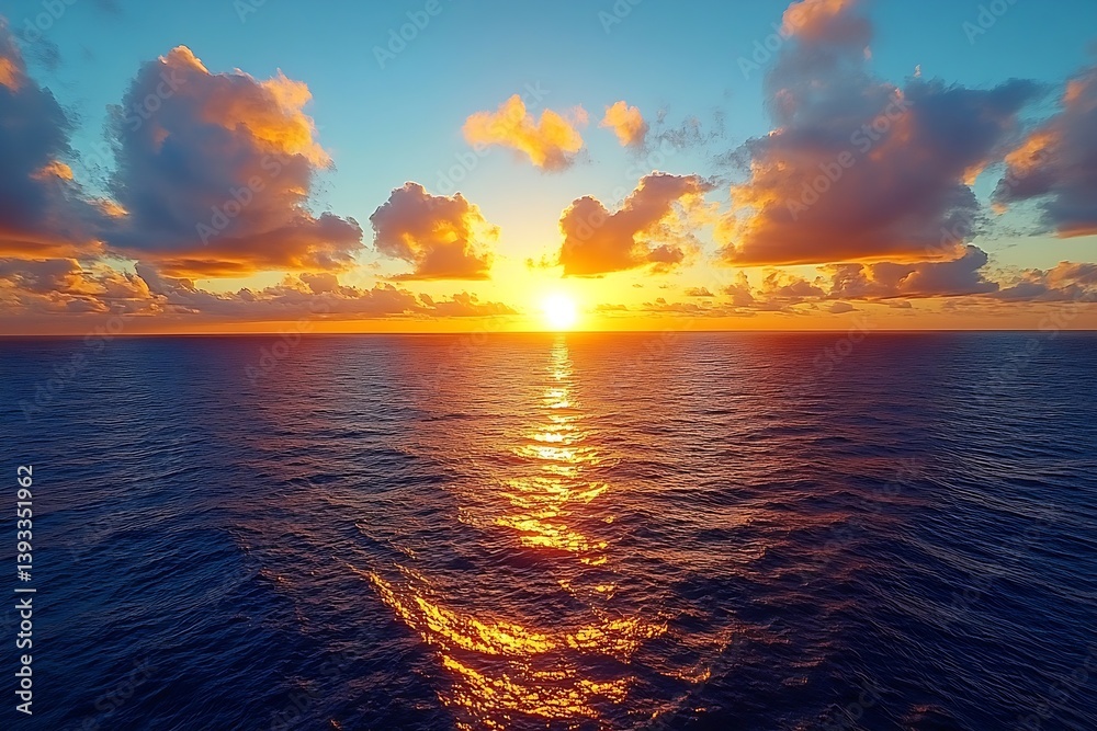 Aufkleber golden sunset over ocean with reflecting light and dramatic clouds serene seascape evening calm ocea