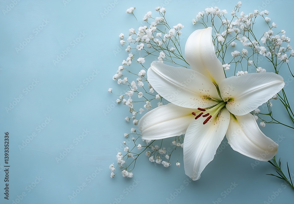 Aufkleber sophisticated layout of a white lily alongside delicate blooms enhancing minimalist blue space : gen