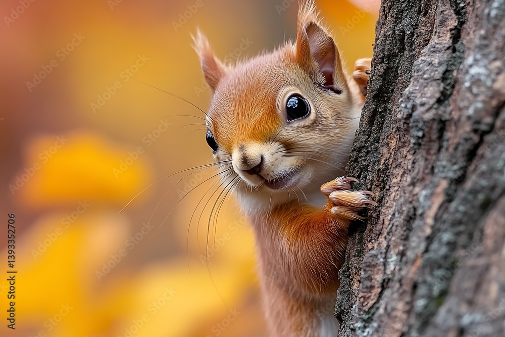 Poster Curious Red Squirrel Peeking from Behind a Tree Trunk in Autumn Close Up Portrait of a Wild Animal in Nature : Generative AI