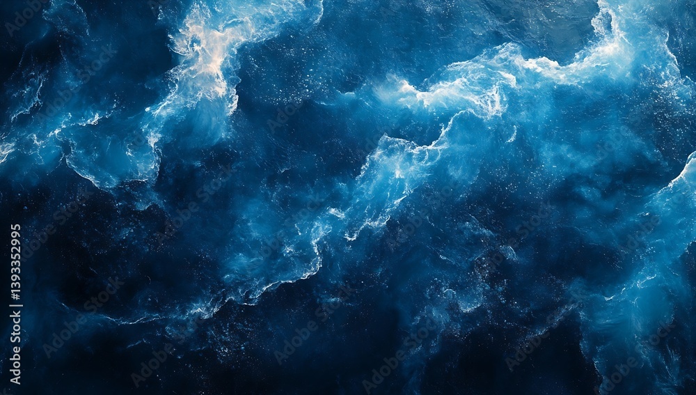 Poster Deep Blue Ocean Water with White Foam and Waves Abstract Nature Background Powerful and Mysterious Sea Texture : Generative AI