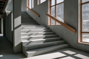 Fototapeta premium Concrete staircase under construction with sunlight through large windows in modern building