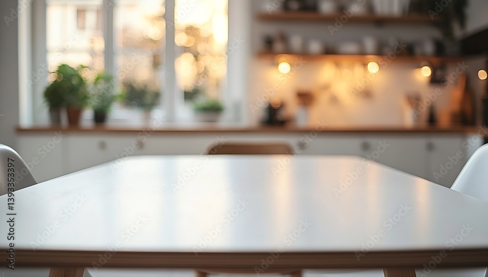 Aufkleber minimalist kitchen interior with focus on white table top soft lighting and bokeh background : gener