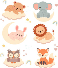 Cute animals on clouds and moons flat illustrations set. Sleepy elephant, fox, rabbit, bear, lion, owl. Dreaming design elements. Children's creative illustration.