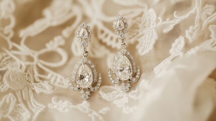 Vintage-inspired diamond earrings on lace fabric background with intricate detail